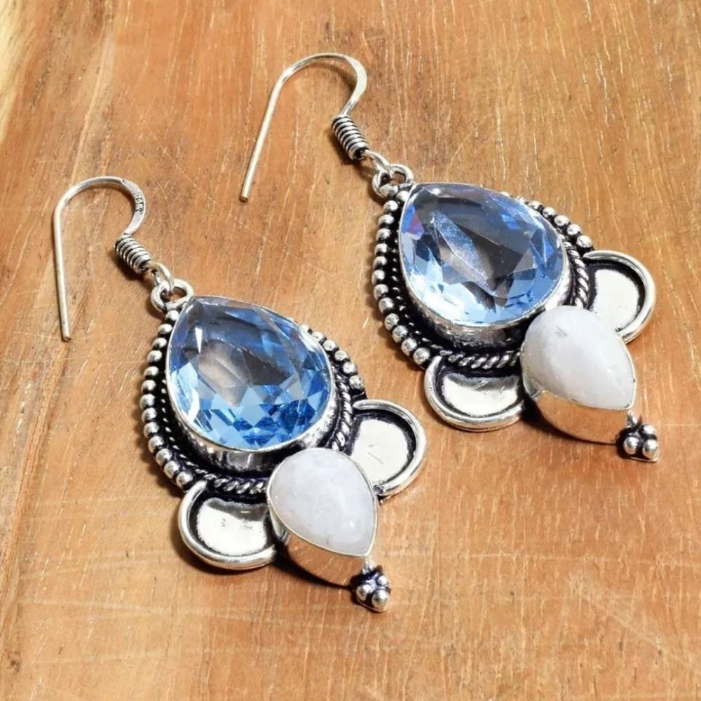 Rainbow Moonstone Blue Topaz Handmade Drop Dangle Earrings Jewelry 2.2"